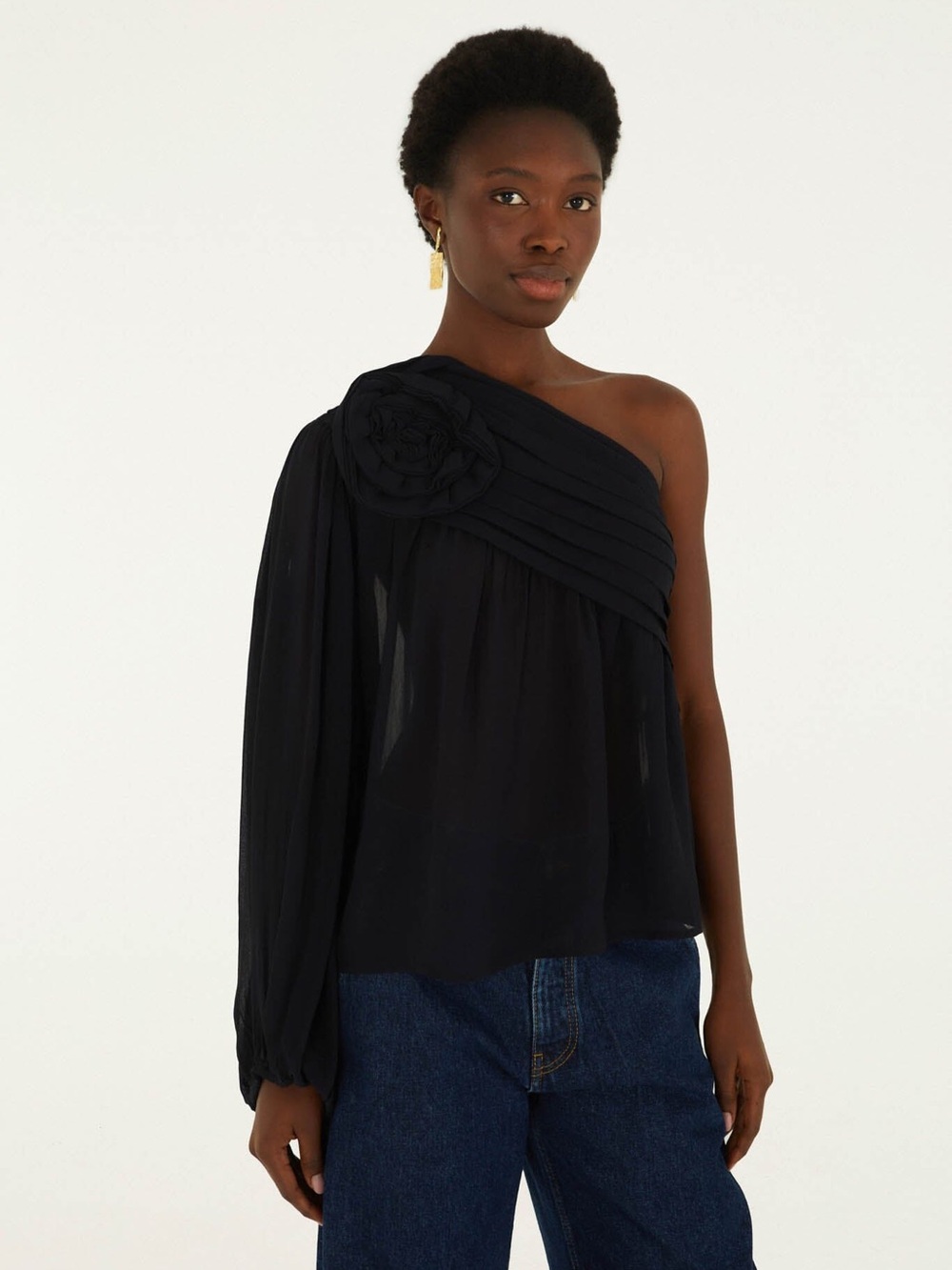 Farm Rio Black Rose One Shoulder Blouse
